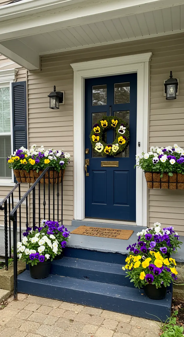 Entrada con escalones azules, macetas y jardineras llenas de pensamientos de colores y una corona a juego