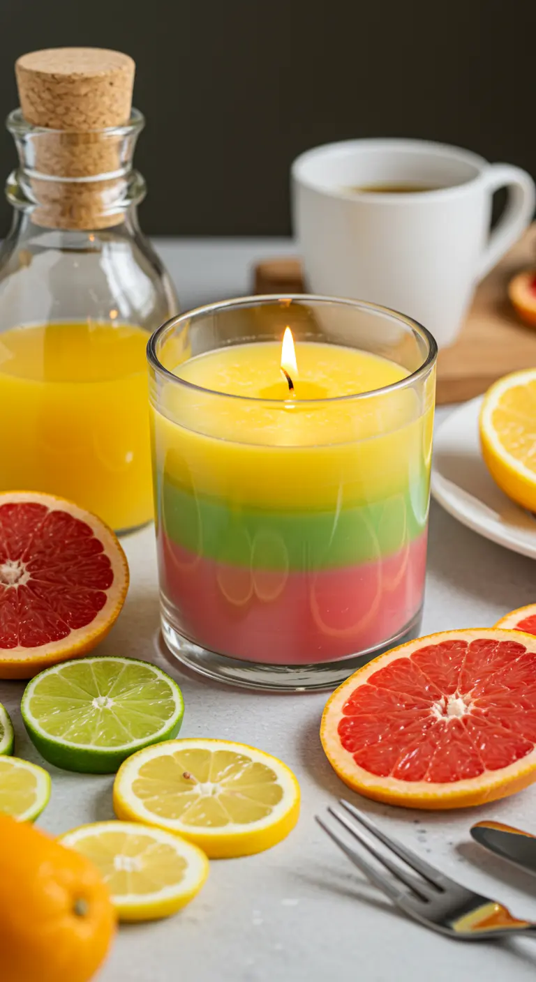 Vela en vaso de cristal con capas de colores cítricos, rodeada de rodajas de fruta fresca.