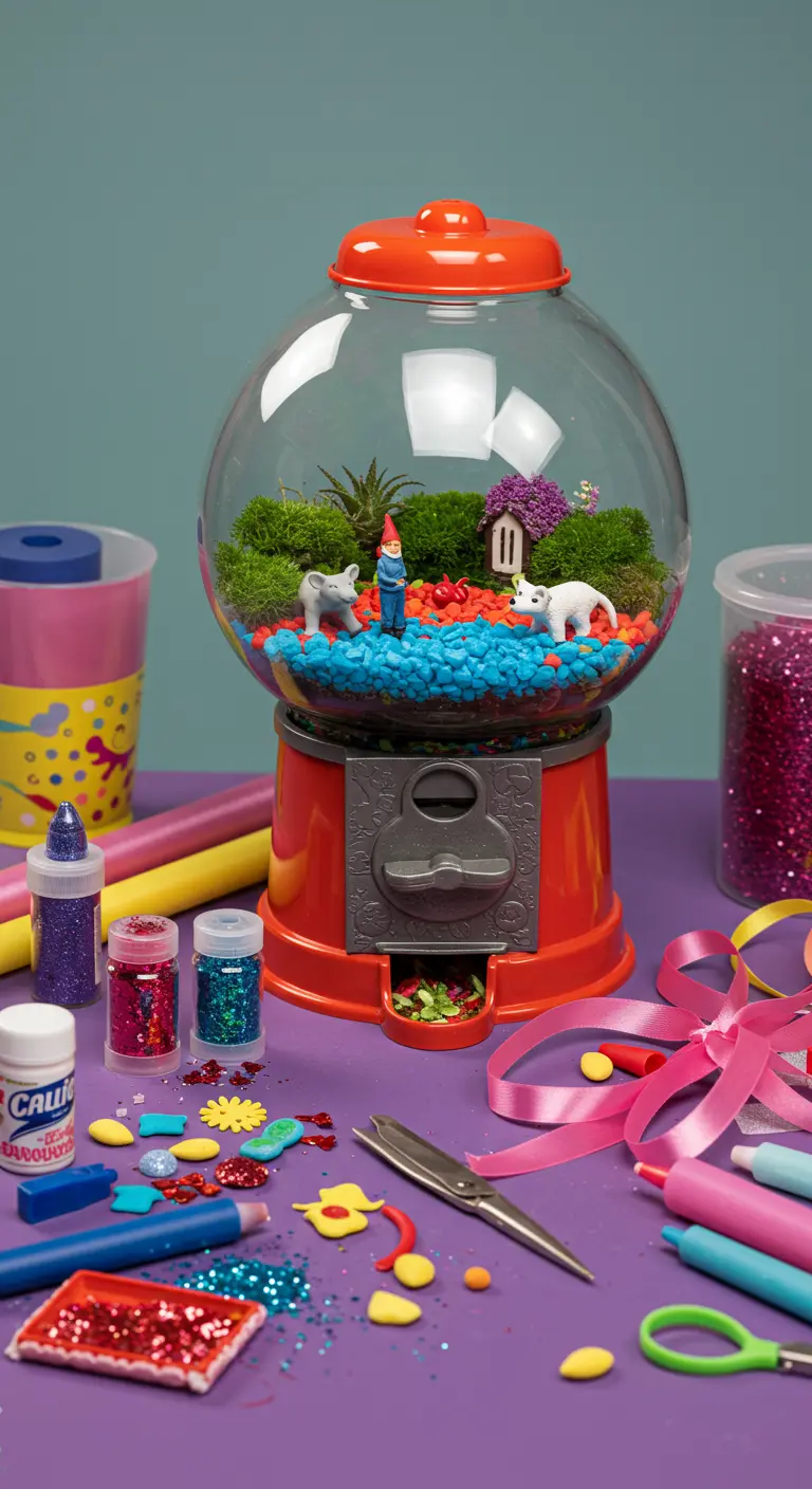 Una máquina de chicles convertida en un terrario con grava de colores, musgo y figuras de gnomos.