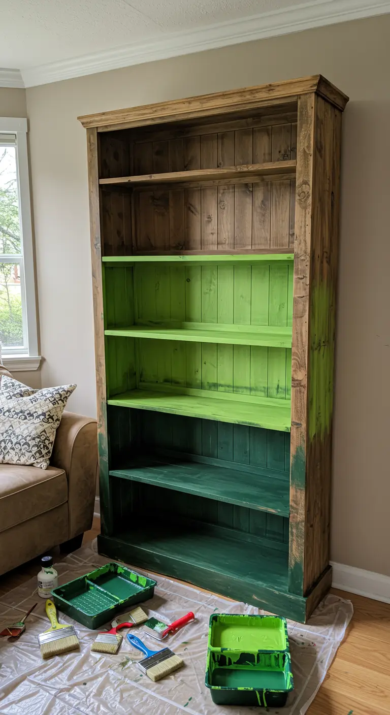 Estantería de madera con el interior pintado en un degradado de verde oscuro a claro.