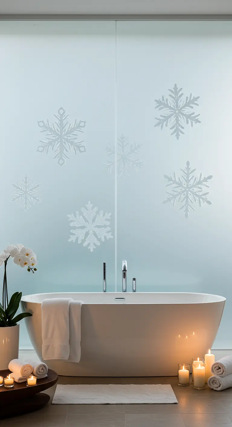 Mampara de cristal esmerilado de un baño con grandes copos de nieve decorativos.