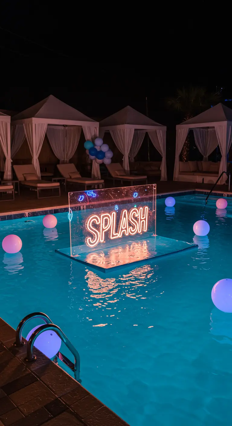 Letrero de neón 'SPLASH' flotando en una piscina por la noche con esferas de luz.