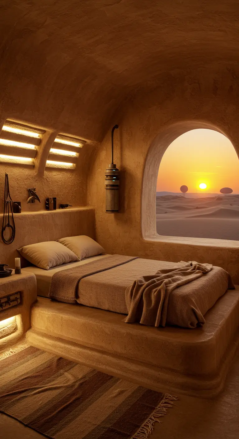 Dormitorio estilo adobe con paredes color arena y una ventana con vistas a un desierto.