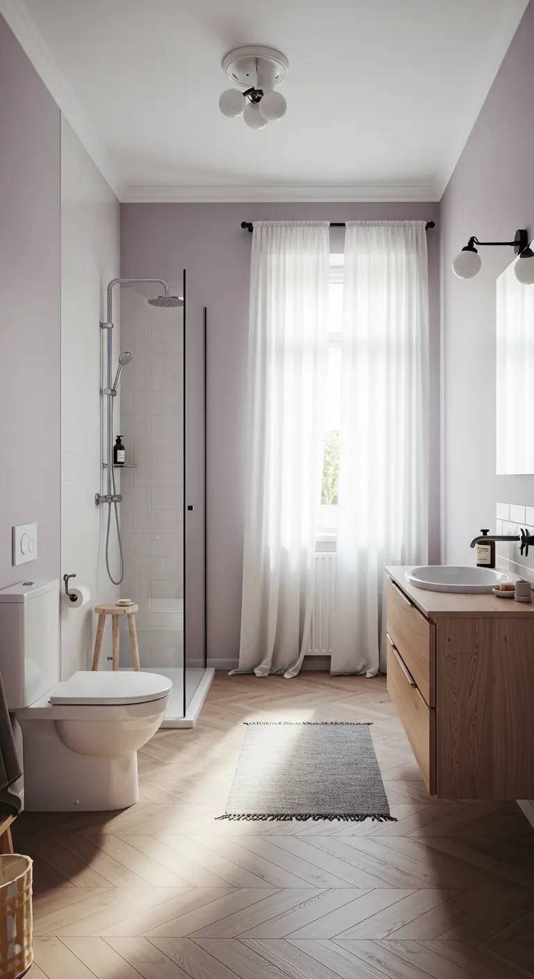 Baño luminoso con paredes de color lila pálido, suelo de madera y cortinas blancas
