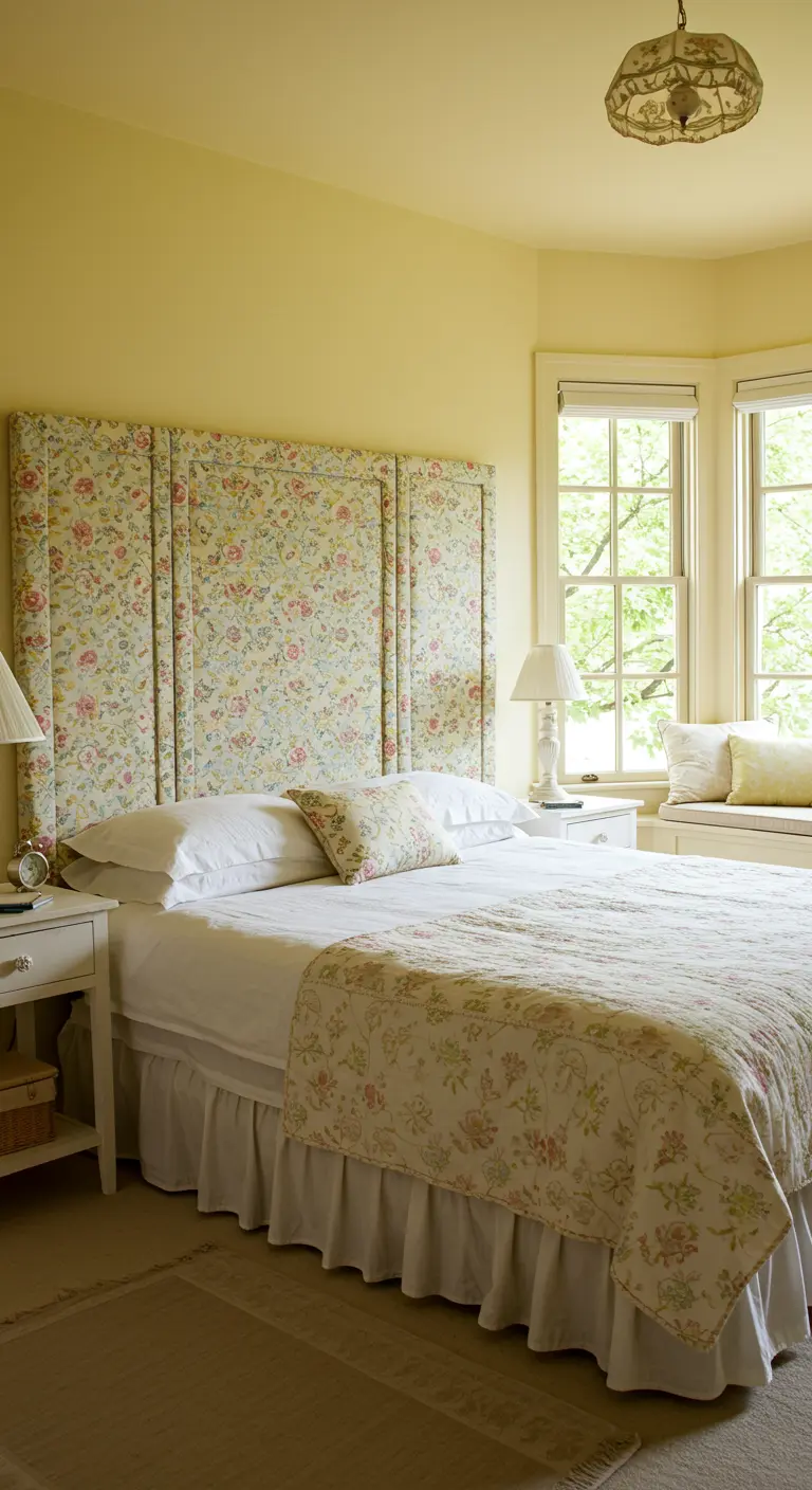 Cabecero compuesto por tres paneles verticales tapizados con una tela floral de estilo vintage