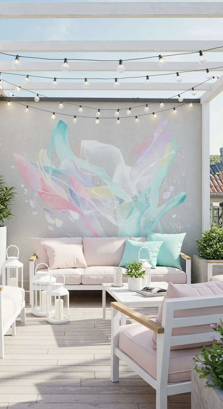 Terraza luminosa con un grafiti abstracto en tonos pastel, muebles blancos y cojines a juego
