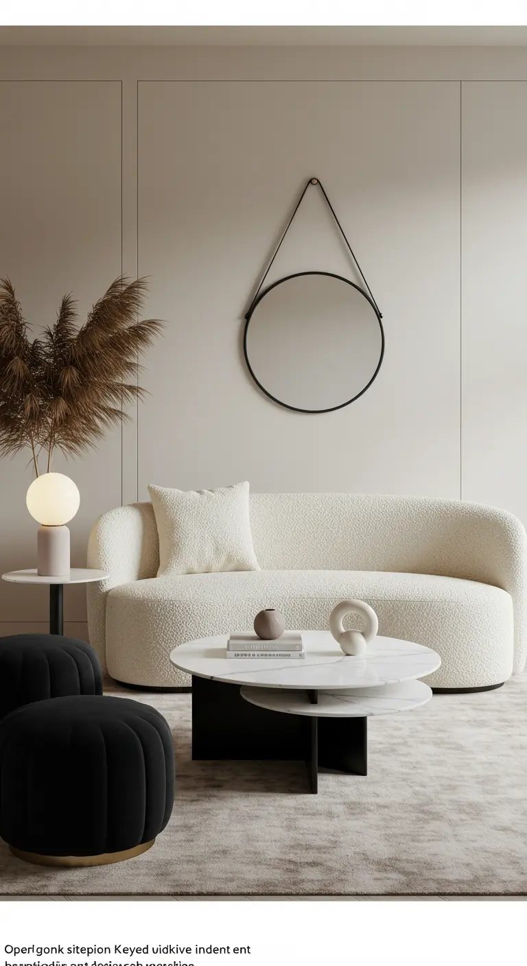 Sofá curvo de tela bouclé blanca, pufs negros y mesa de centro redonda.