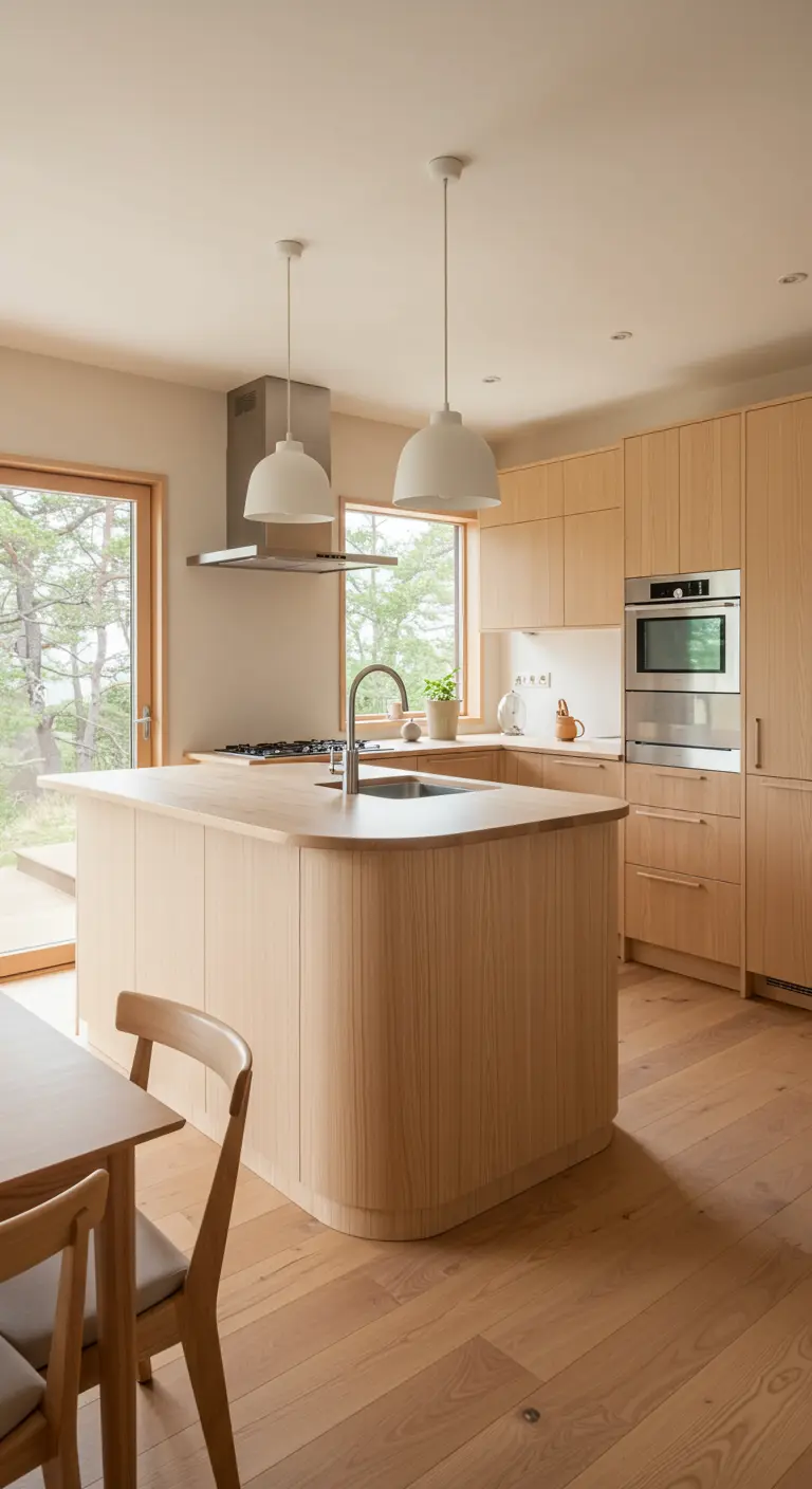 Cocina de madera clara con una gran isla de esquinas redondeadas y lámparas colgantes blancas
