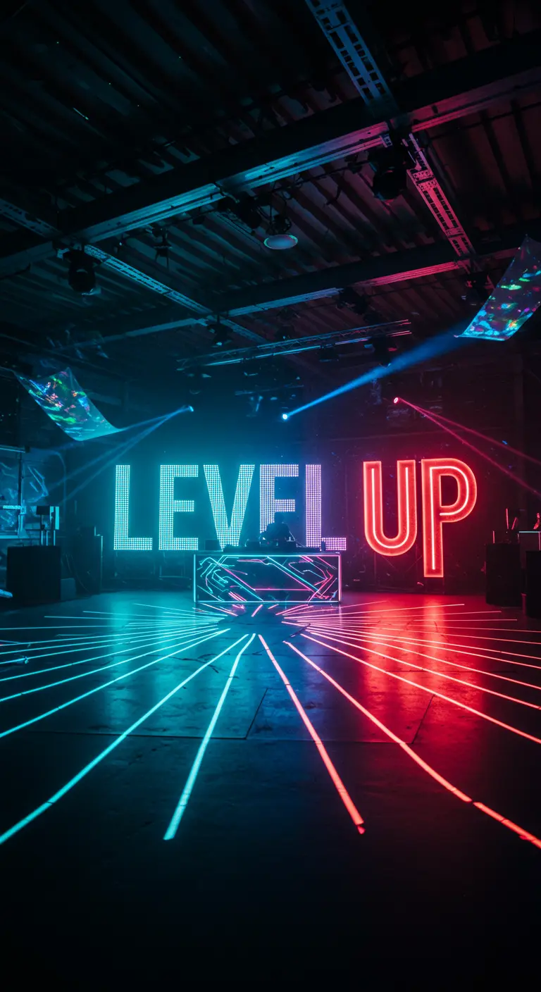 Letras de neón 'LEVEL UP' en una fiesta oscura con luces láser rojas y azules.