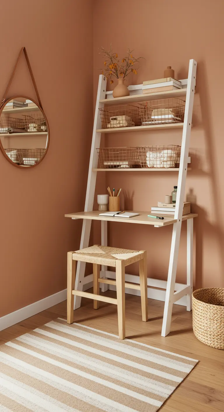Escritorio tipo escalera en blanco y madera con cestas de alambre y taburete de mimbre.