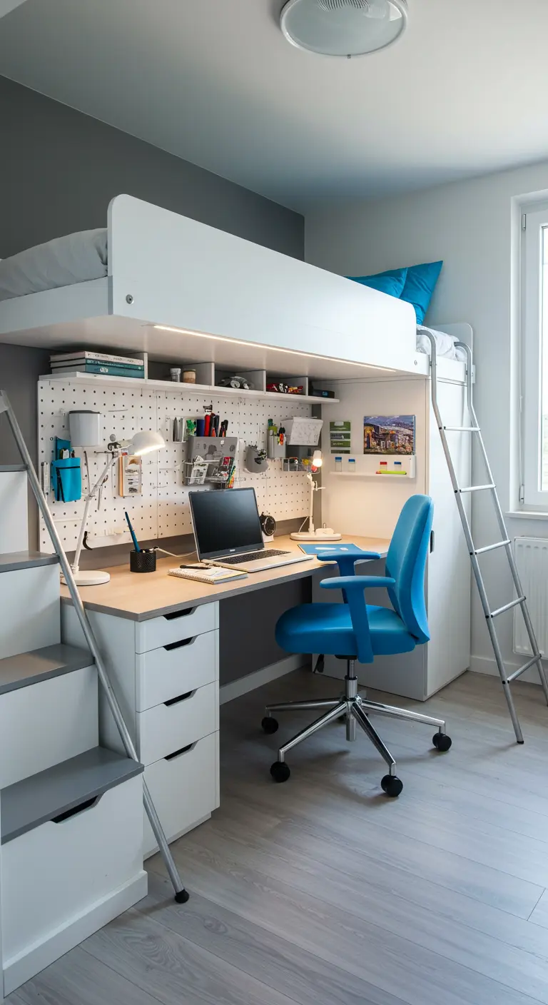 Cama alta blanca con un escritorio completo, silla azul y un panel organizador debajo.