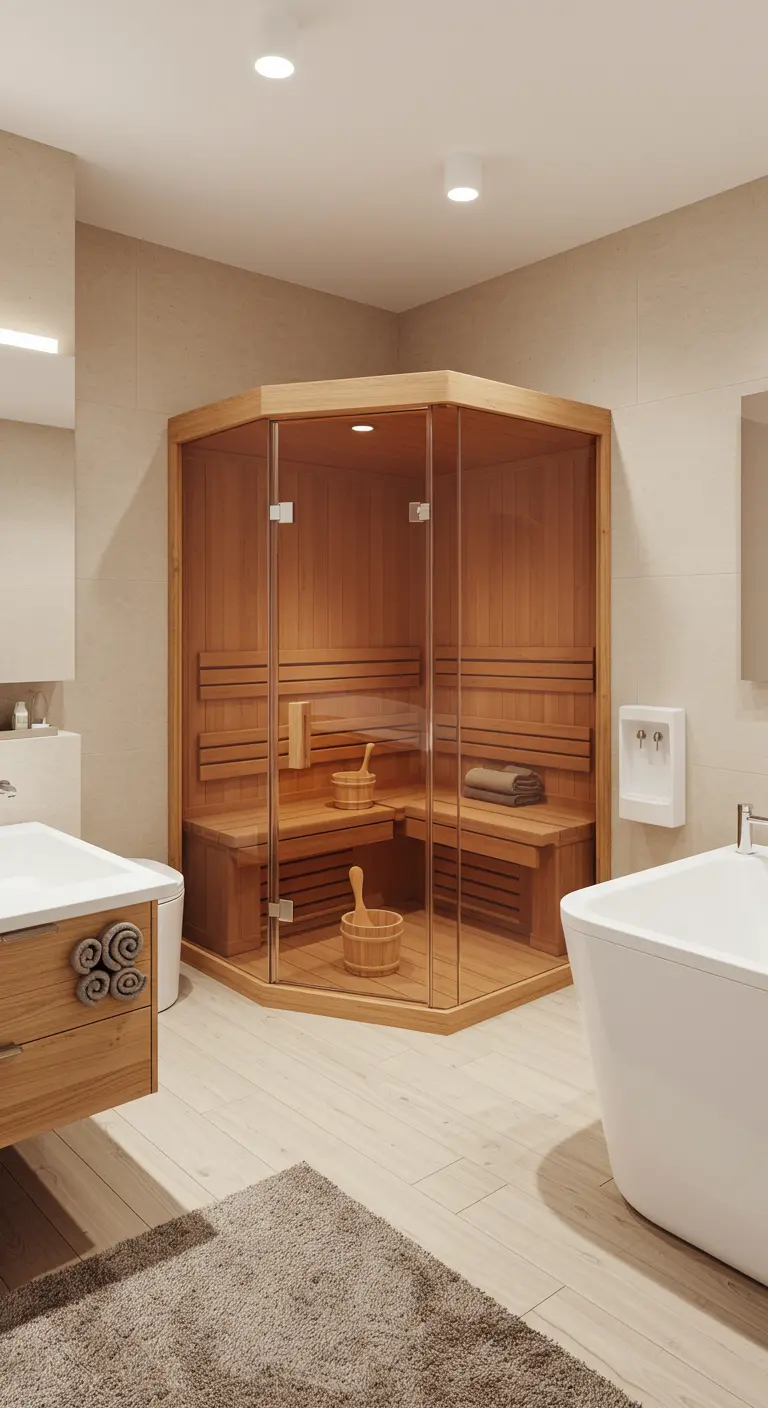 Baño con una cabina de sauna de madera y cristal integrada en una esquina