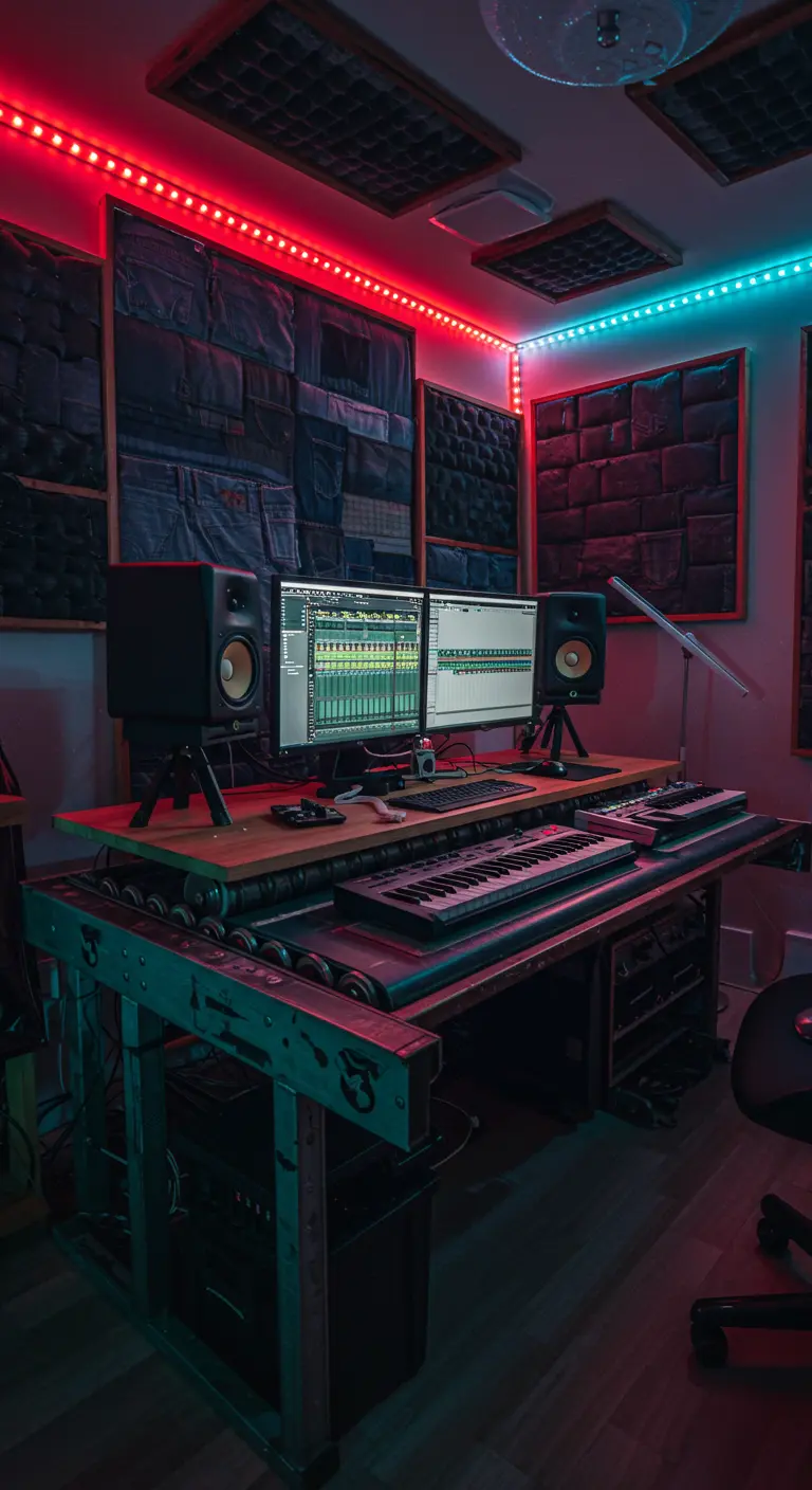 Estudio de música con paneles acústicos, varios monitores y sintetizadores, iluminado con luces LED rojas y azules.