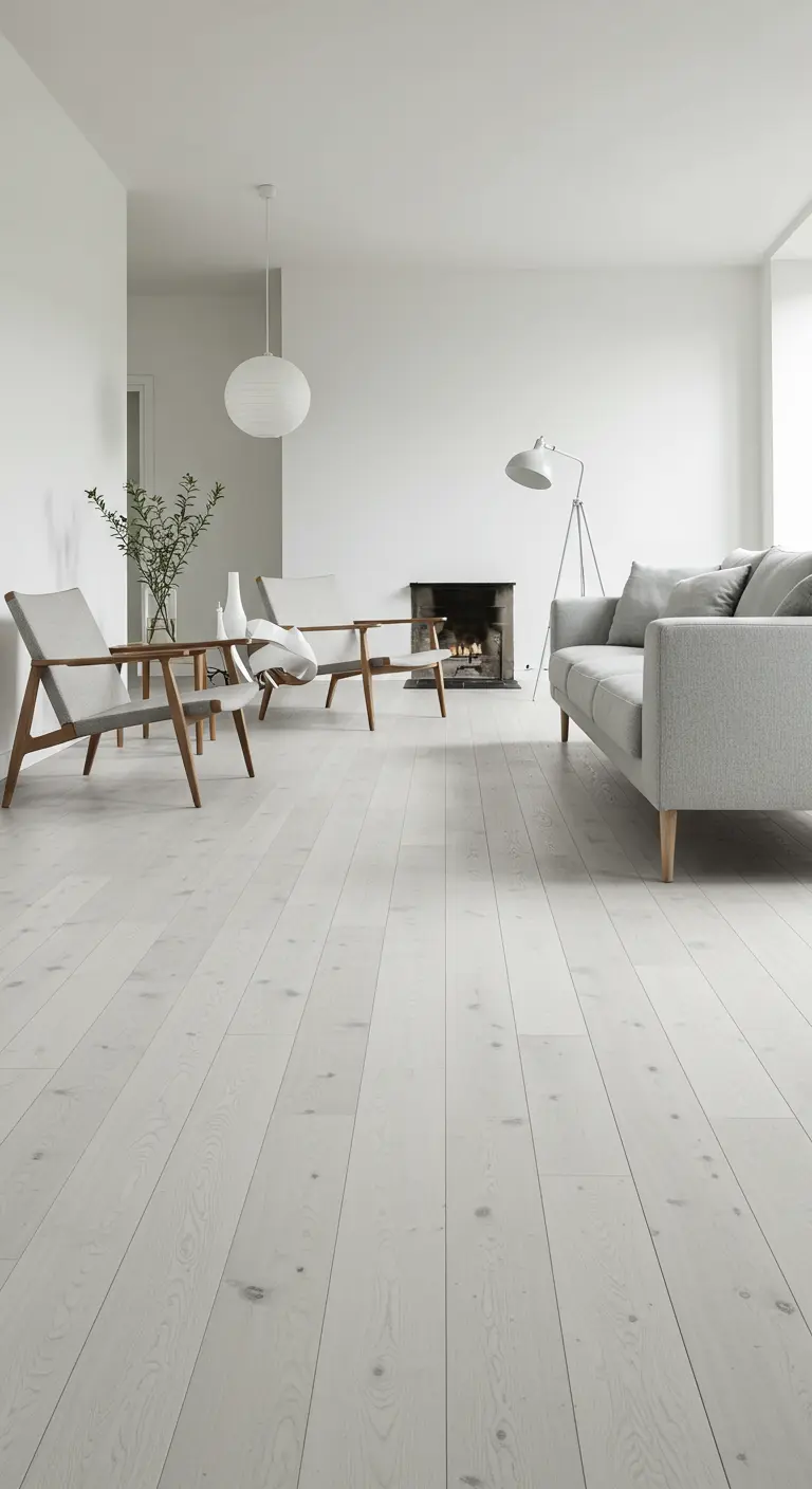 Amplia sala de estar minimalista con suelo de madera blanqueada y muebles de diseño nórdico