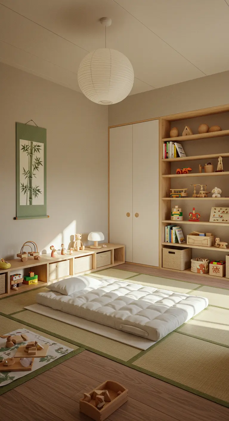 Habitación infantil Montessori con futón en el suelo, estanterías bajas y lámpara de papel.