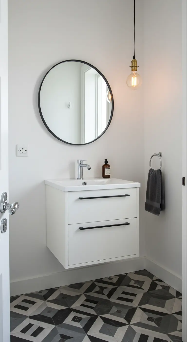 Aseo pequeño con suelo de baldosas geométricas, mueble blanco flotante y espejo redondo.