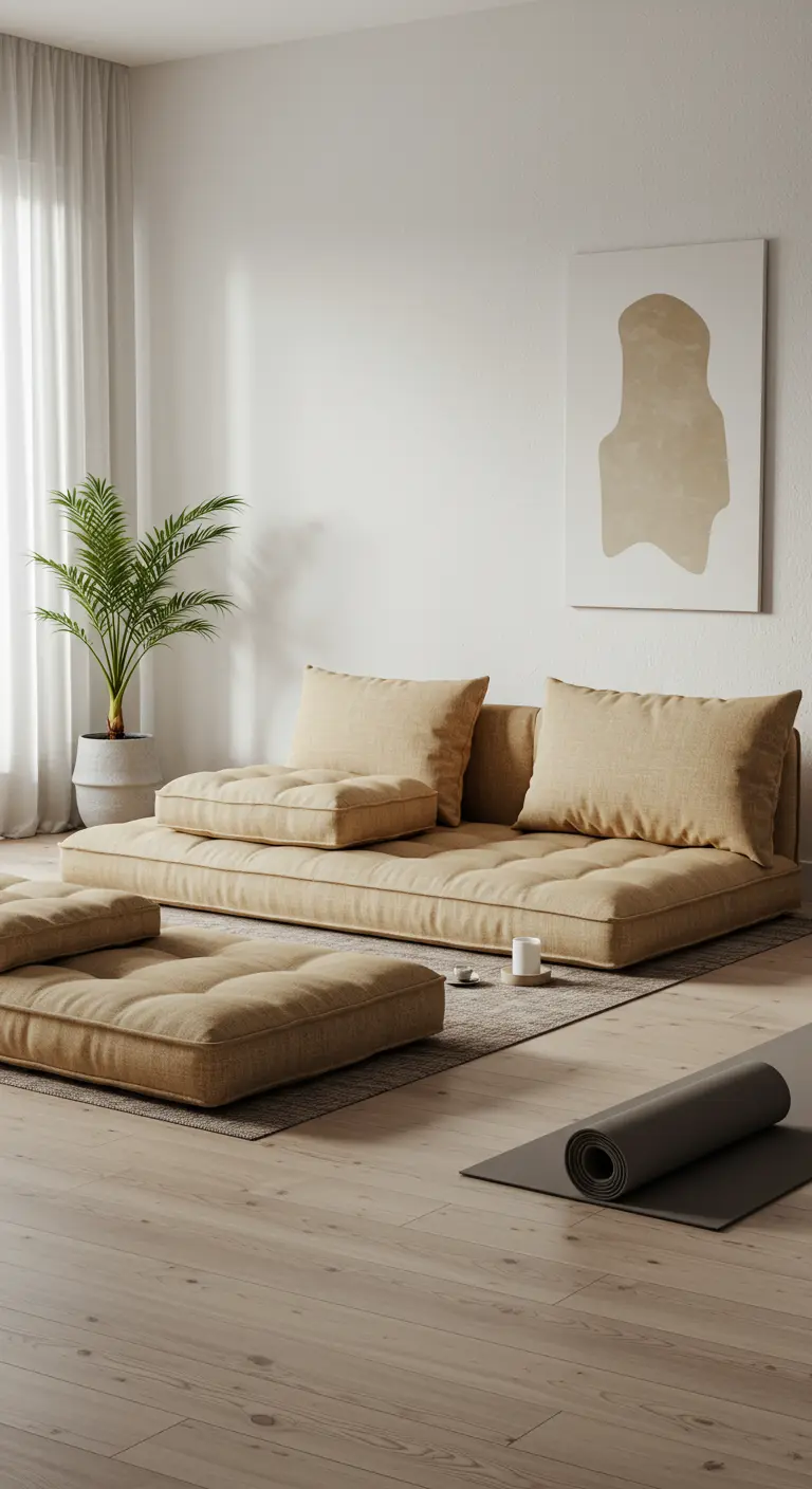 Sofá modular de suelo en tonos beige en una sala de estar minimalista preparada para el yoga.