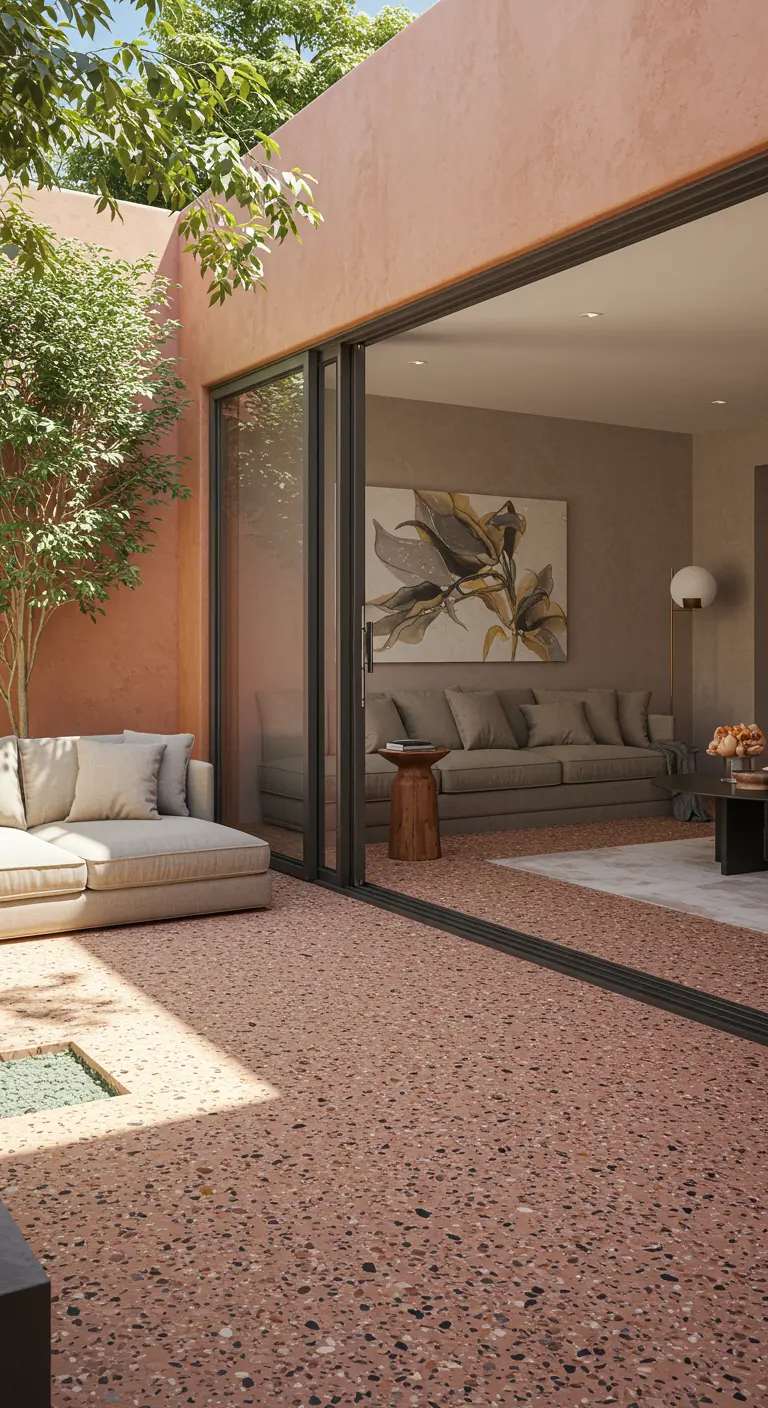 Salón que se abre a un patio con suelo de terrazo rosa y paredes a juego