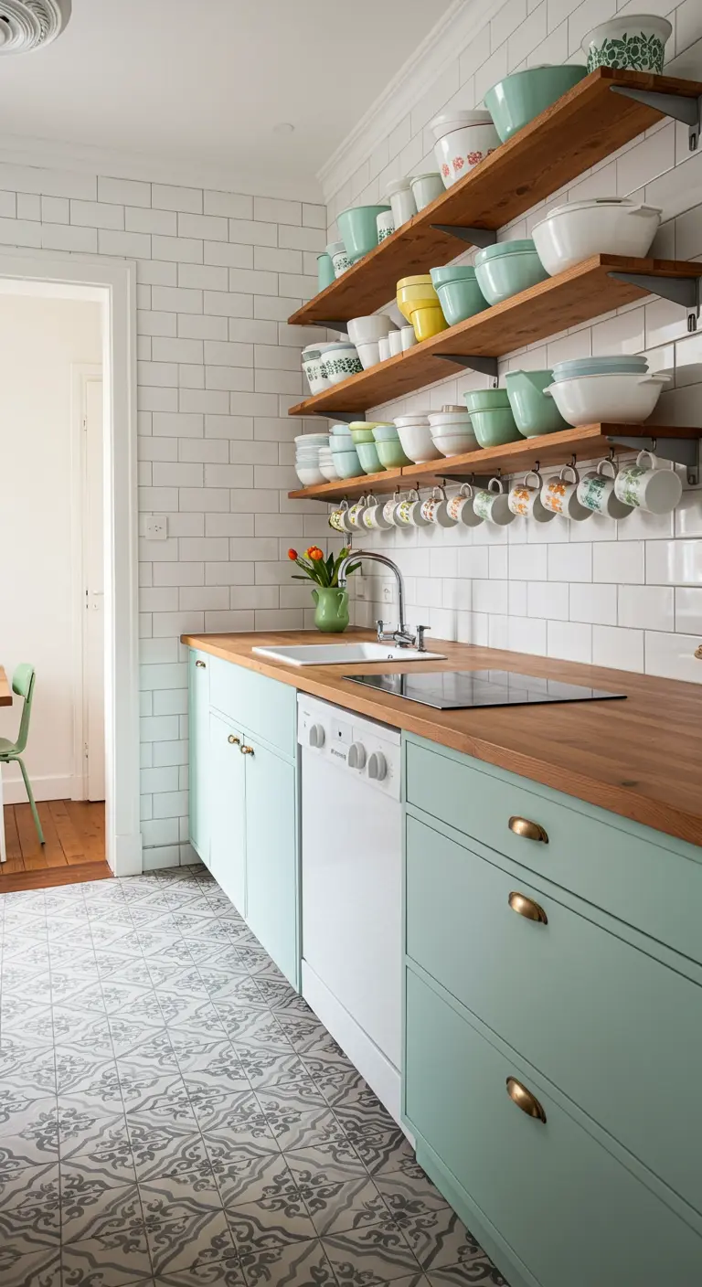 Cocina menta con suelo de baldosas hidráulicas y estantes de madera a la vista.