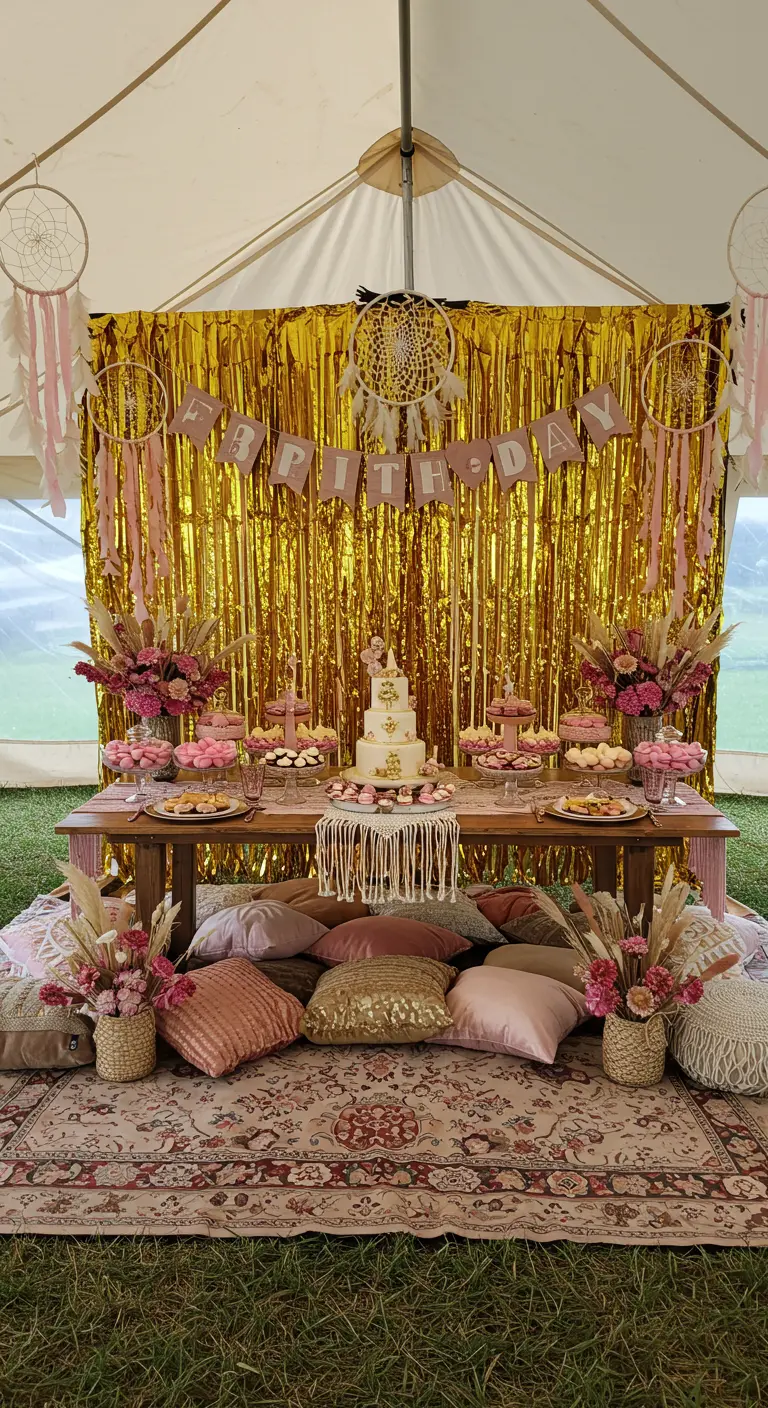 Candy bar bohemio en una carpa con fondo dorado, atrapasueños y cojines en el suelo.