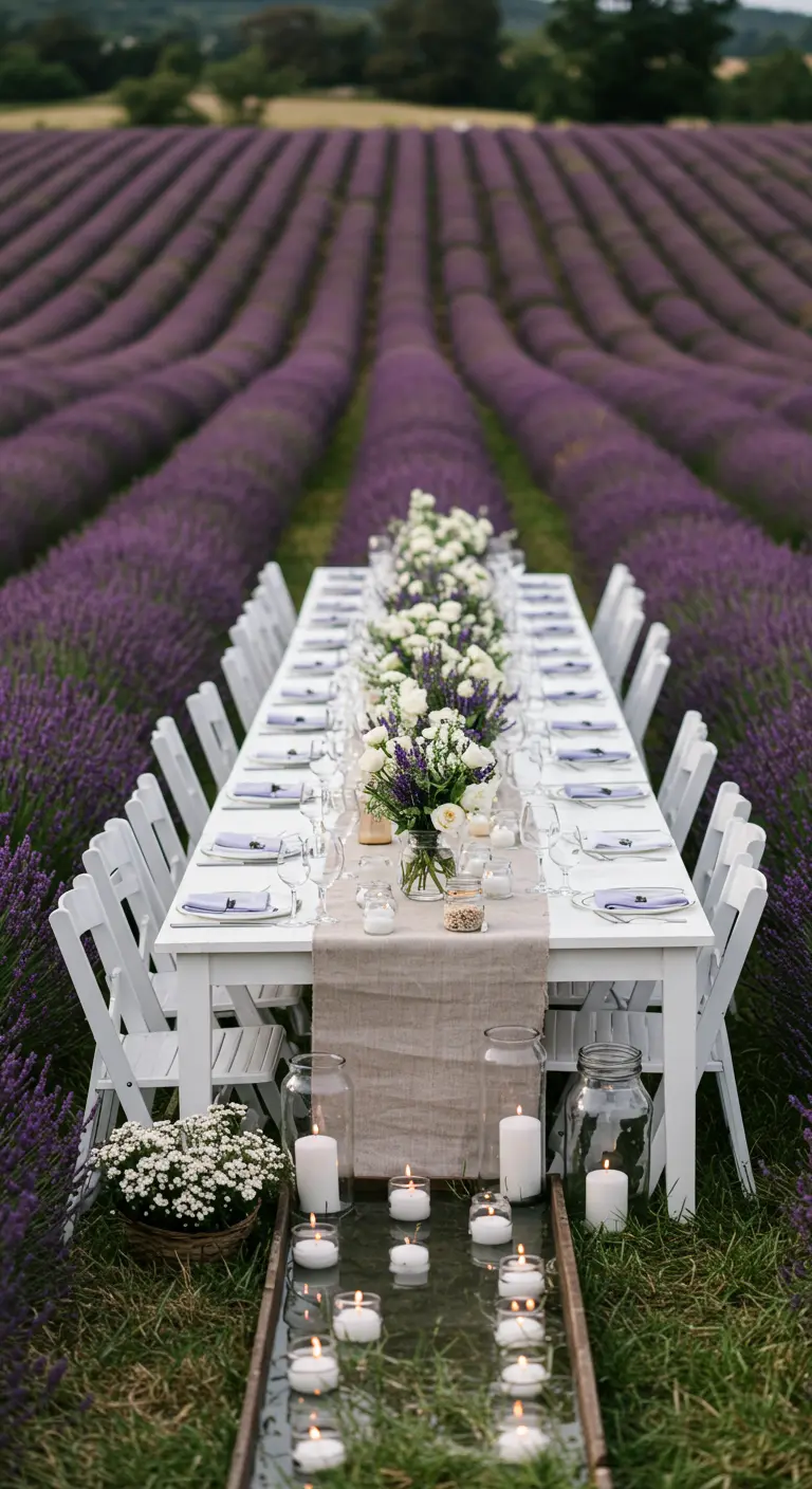 Larga mesa blanca para cenar en medio de un campo de lavanda con velas flotantes.
