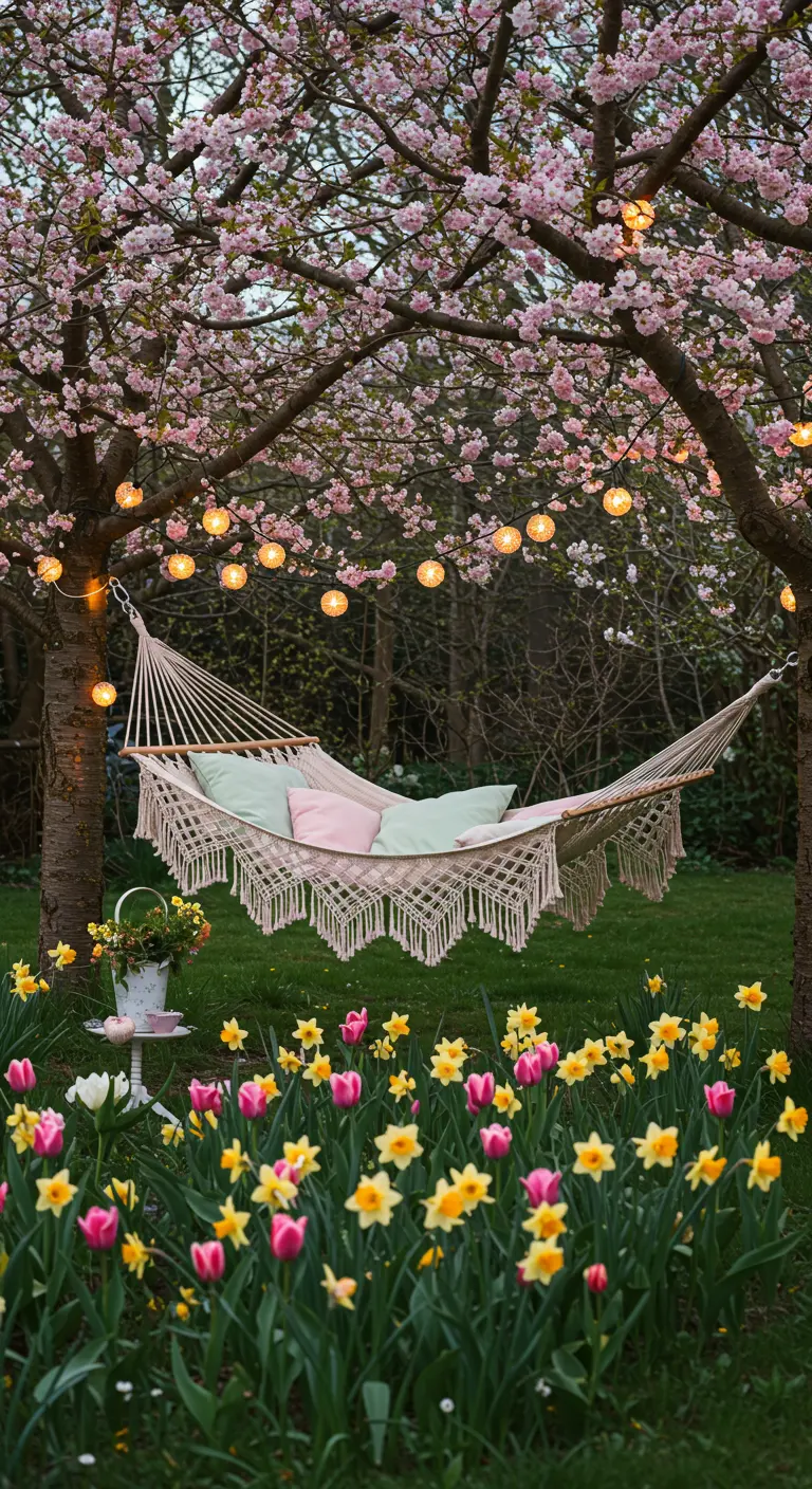 Hamaca de macramé bajo cerezos en flor con luces de globo cálidas.