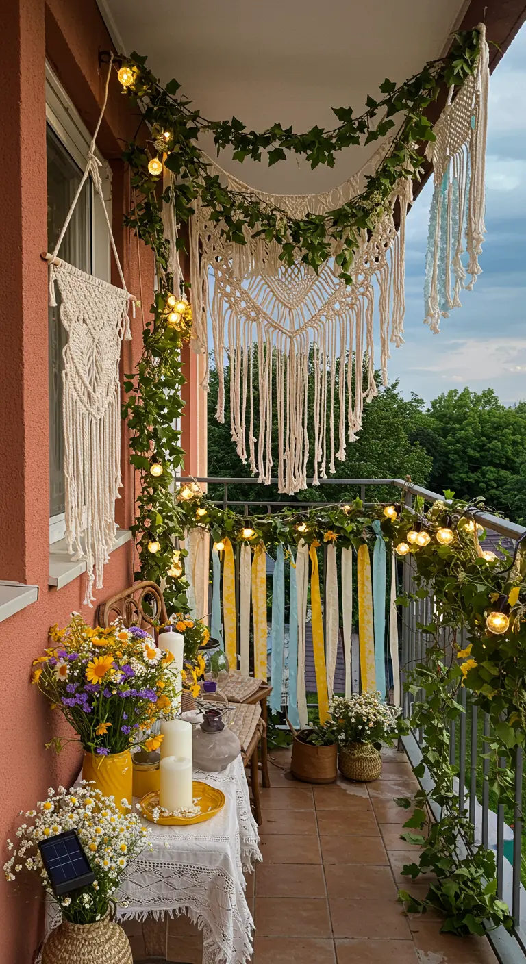 Balcón de estilo boho con macramé, cintas de colores, flores silvestres y luces cálidas.
