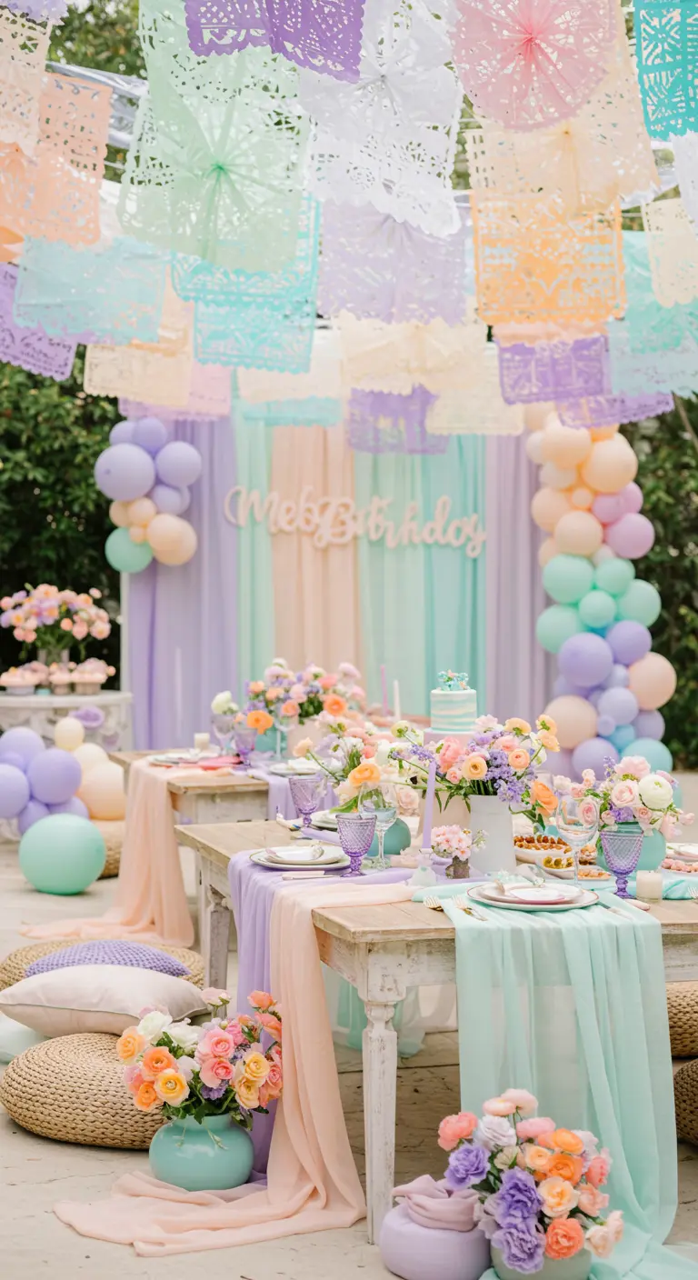 Decoración de fiesta en tonos pastel con papel picado, globos y telas vaporosas al aire libre.