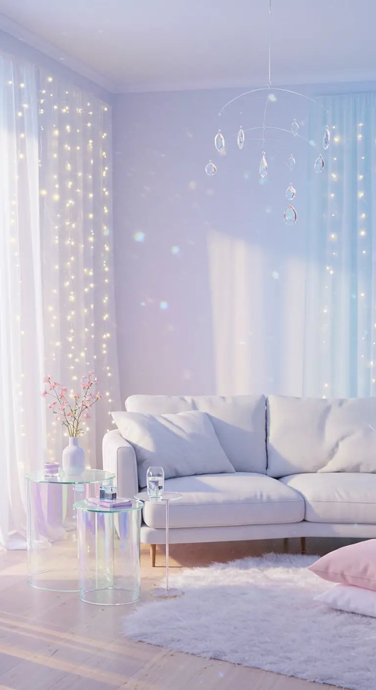 Sala de estar etérea en tonos pastel con luces de hadas detrás de visillos y mesas iridiscentes.