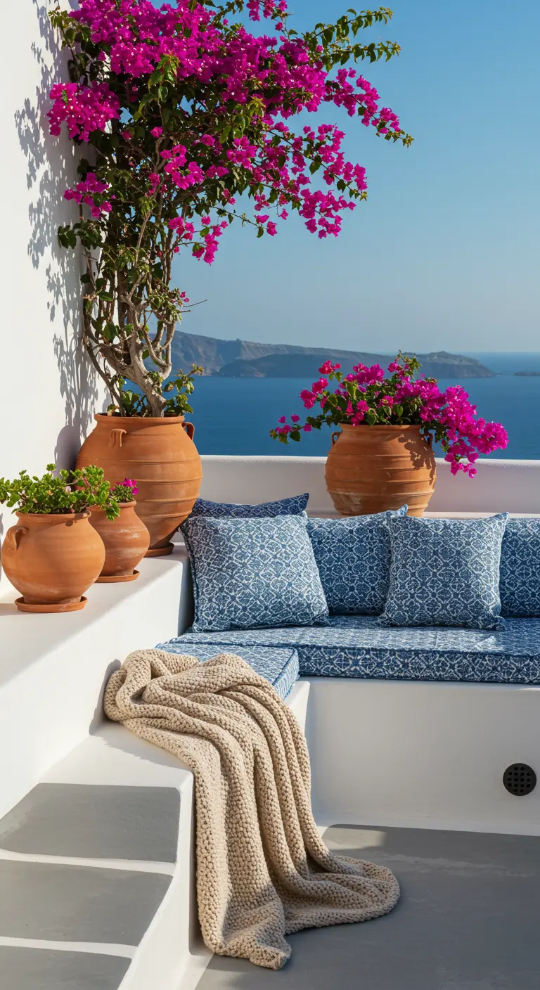 Terraza blanca estilo Santorini con buganvillas, cojines azules y vistas al mar.