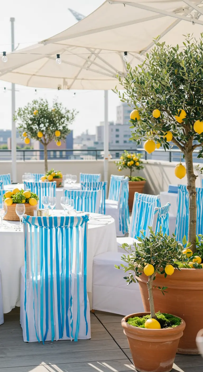 Sillas blancas en una terraza soleada, decoradas con tiras verticales de cinta azul y blanca.