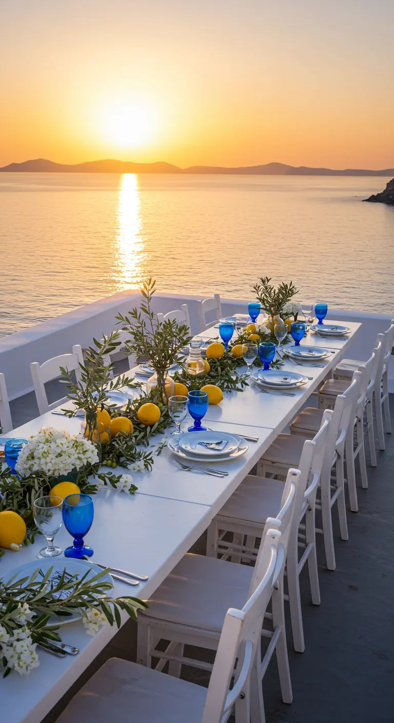 Mesa blanca larga con vistas al mar, decorada con limones, ramas de olivo y copas azules.