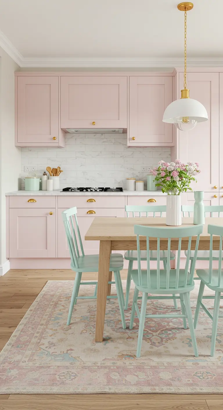 Cocina con gabinetes de color rosa pastel y comedor con sillas de madera en tono menta.