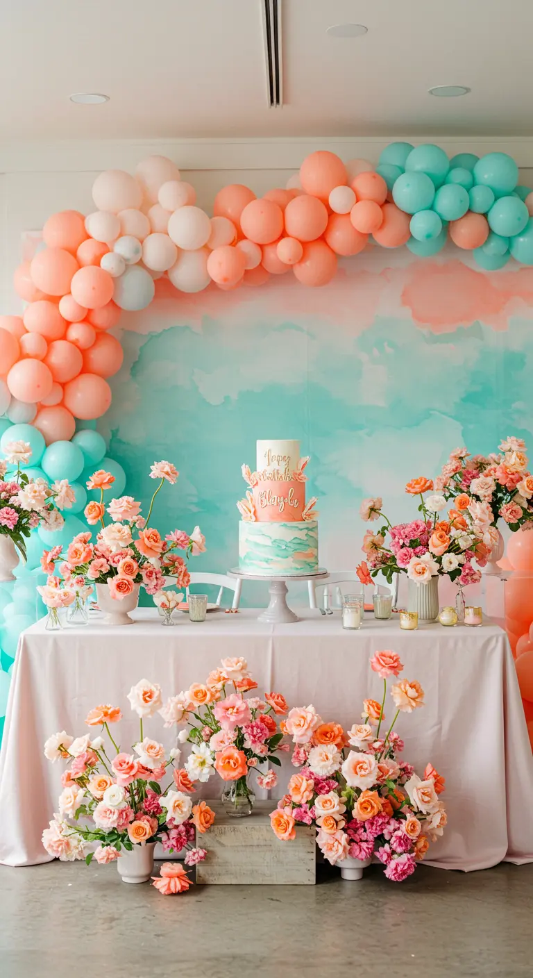 Mesa de postres con fondo de acuarela, arco de globos y flores en tonos coral.