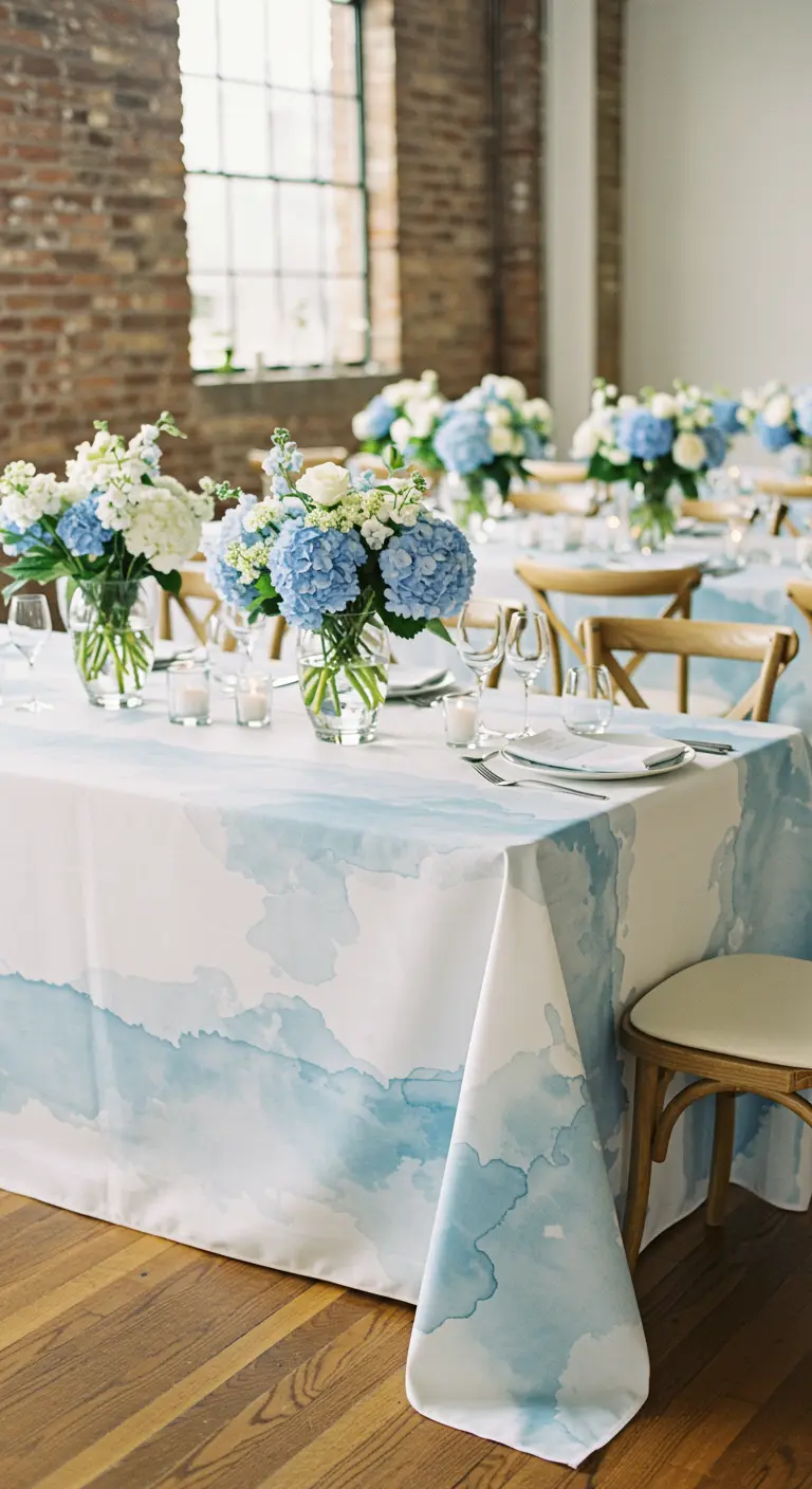 Mesa de bautizo con mantel de efecto acuarela azul y centros de mesa de hortensias.