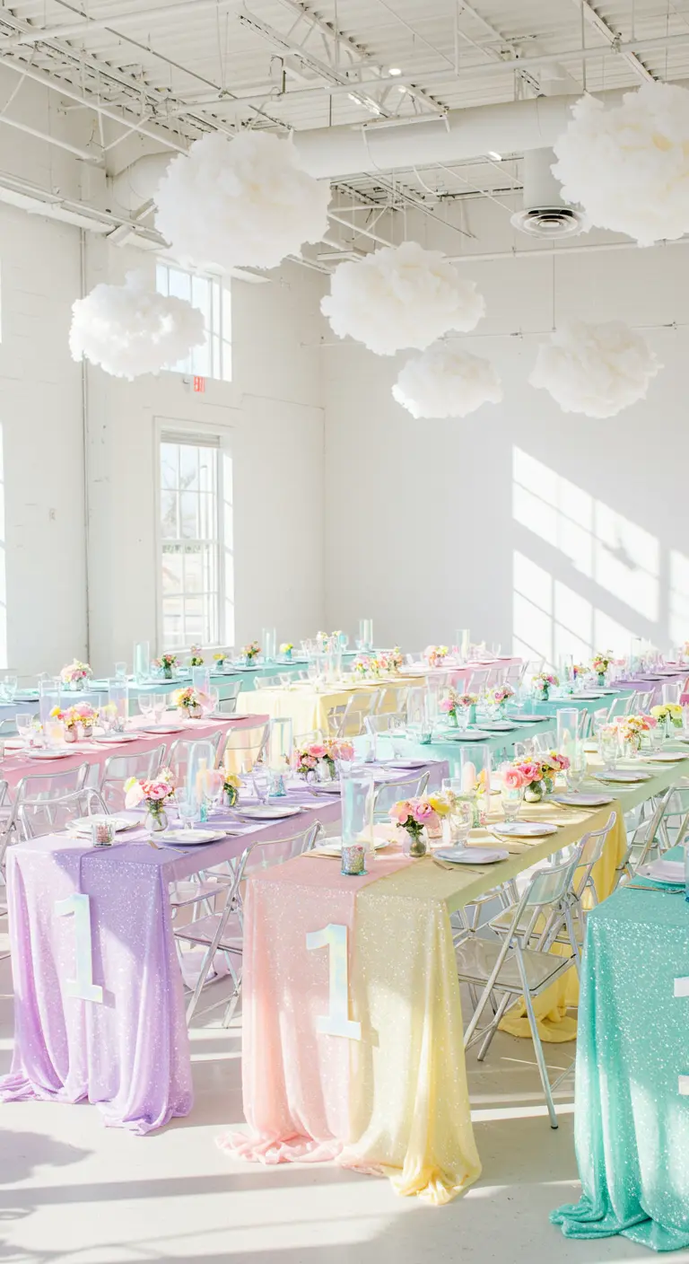 Salón de fiestas luminoso con mesas cubiertas de manteles de lentejuelas y números colgantes con glitter.
