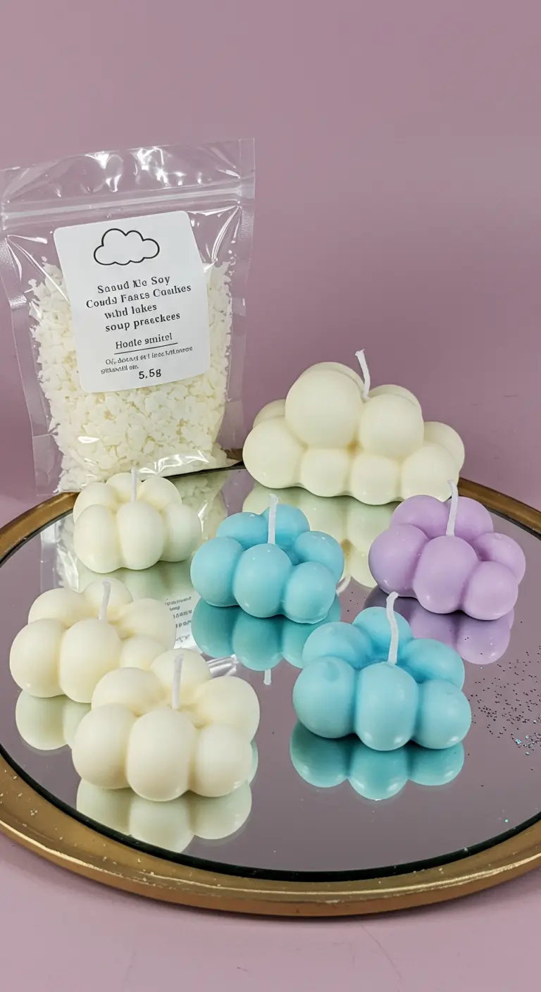 Velas caseras con forma de nube en colores pastel como blanco, azul y lila sobre una bandeja de espejo