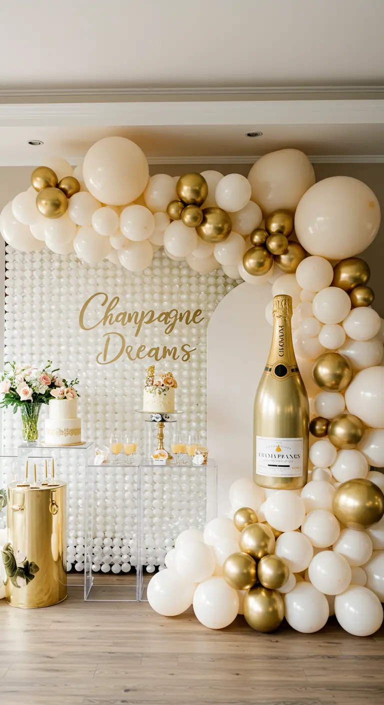 Decoración con temática de champán, pared de globos blancos y una botella gigante.