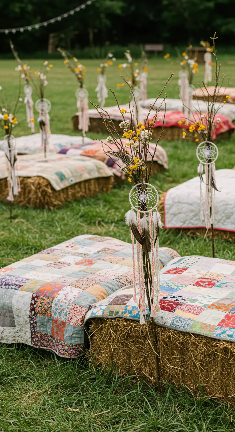 Fardos de heno cubiertos con edredones de patchwork y un atrapasueños con flores.