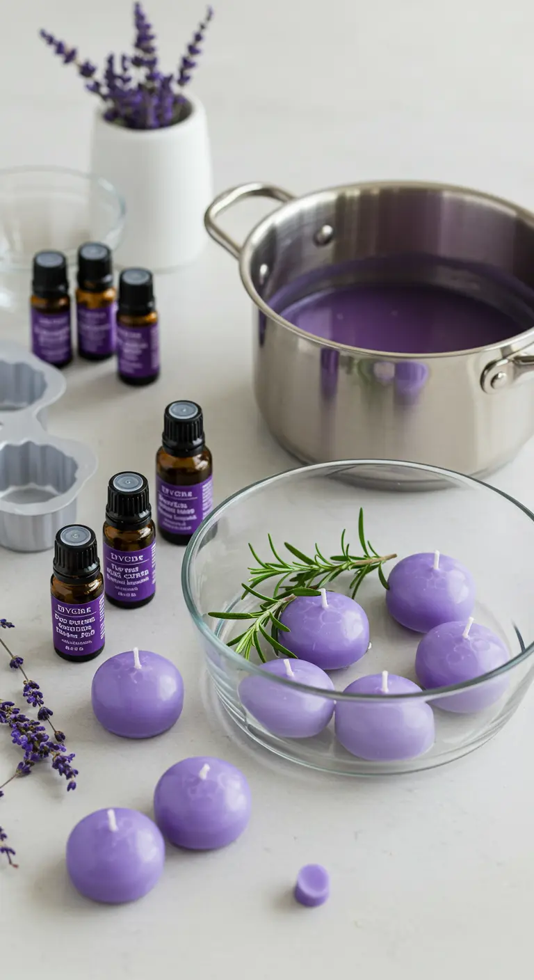 Proceso de elaboración de velas flotantes caseras de color lavanda con aceites esenciales.
