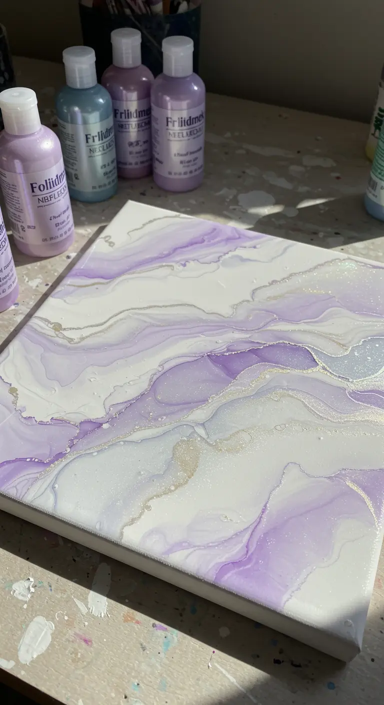 Lienzo de pintura fluida en tonos lavanda y blanco con vetas de purpurina plateada