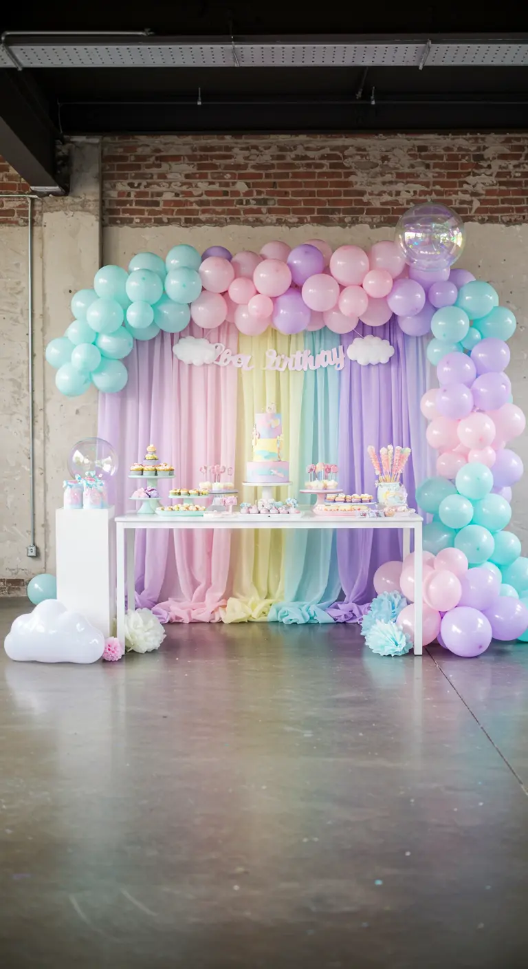 Mesa de dulces con arcoíris de tela y globos en tonos pastel.