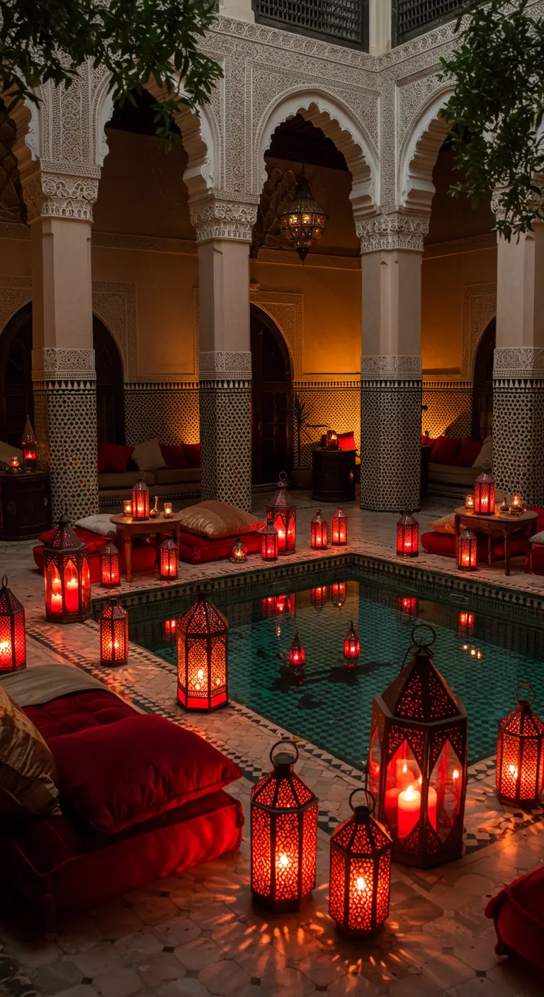 Patio marroquí con piscina, cojines y decenas de faroles con velas rojas.