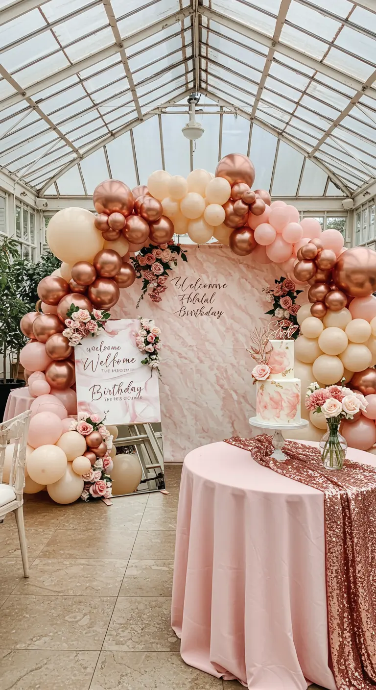 Rincón de tarta con arco de globos en tonos rosa dorado y mantel de lentejuelas a juego.