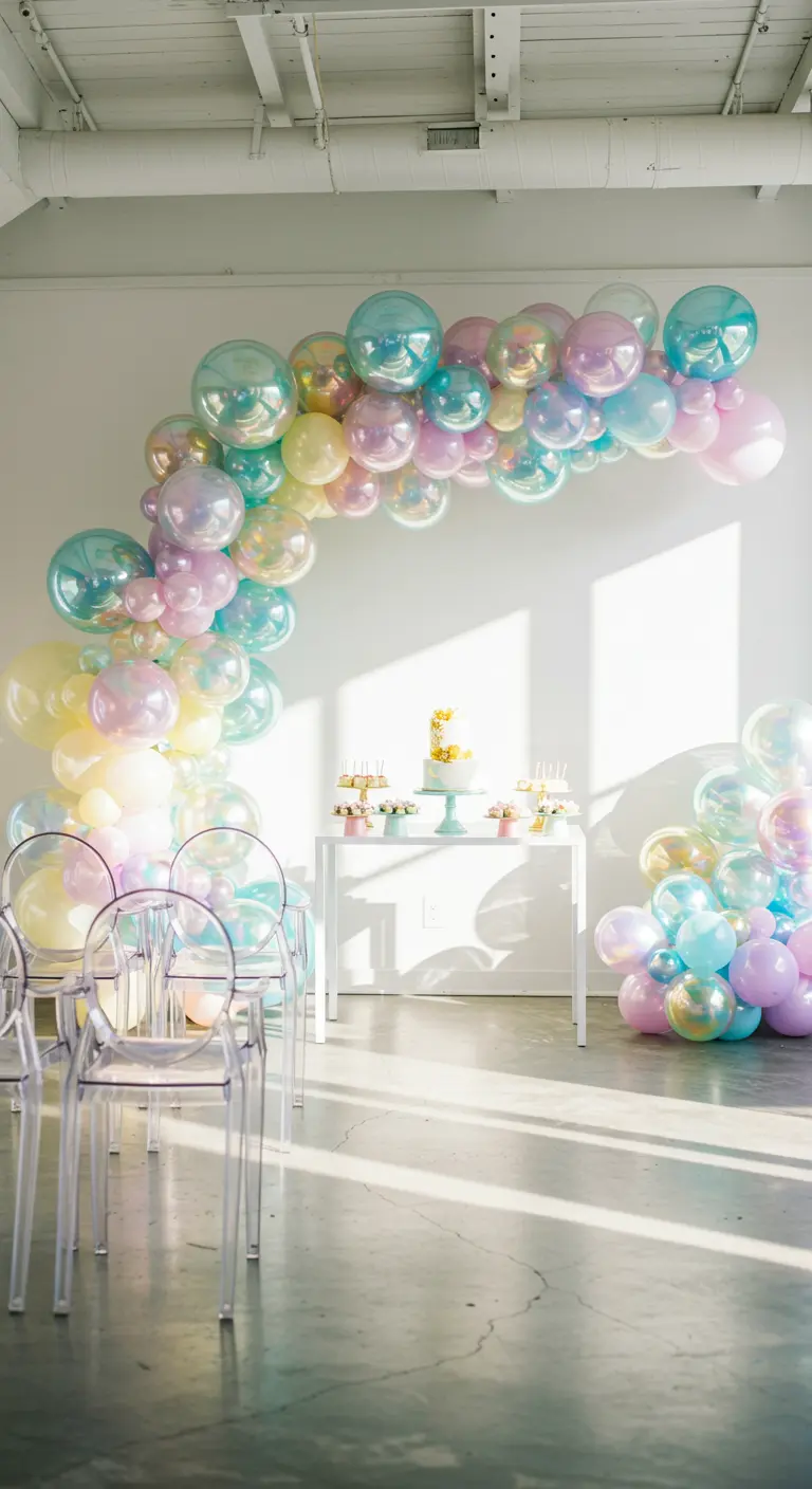 Arco de globos iridiscentes en tonos pastel en una sala blanca y luminosa.