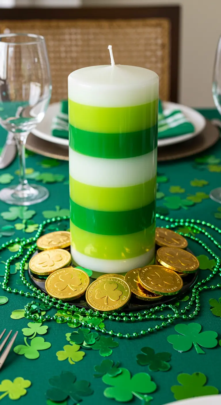 Vela alta con capas alternas de verde y blanco, rodeada de tréboles y monedas doradas.