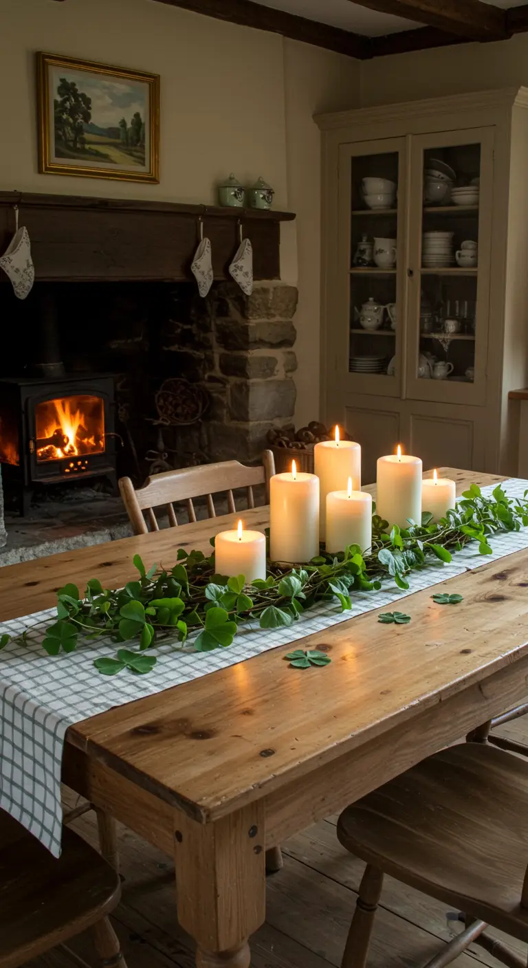 Mesa de madera rústica con un camino de cuadros, velas gruesas y una guirnalda de hiedra.