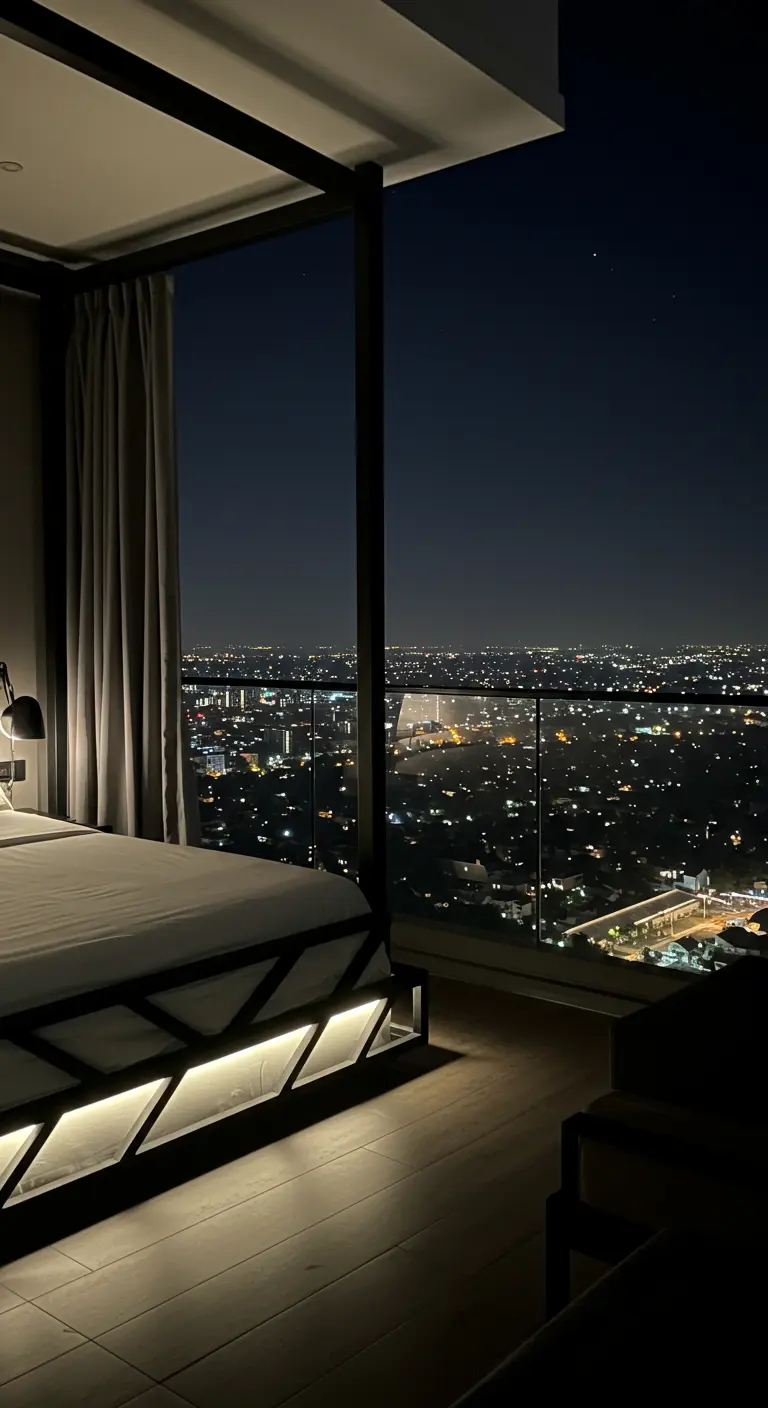 Cama con dosel de metal en un apartamento con vistas nocturnas a la ciudad a través de un ventanal