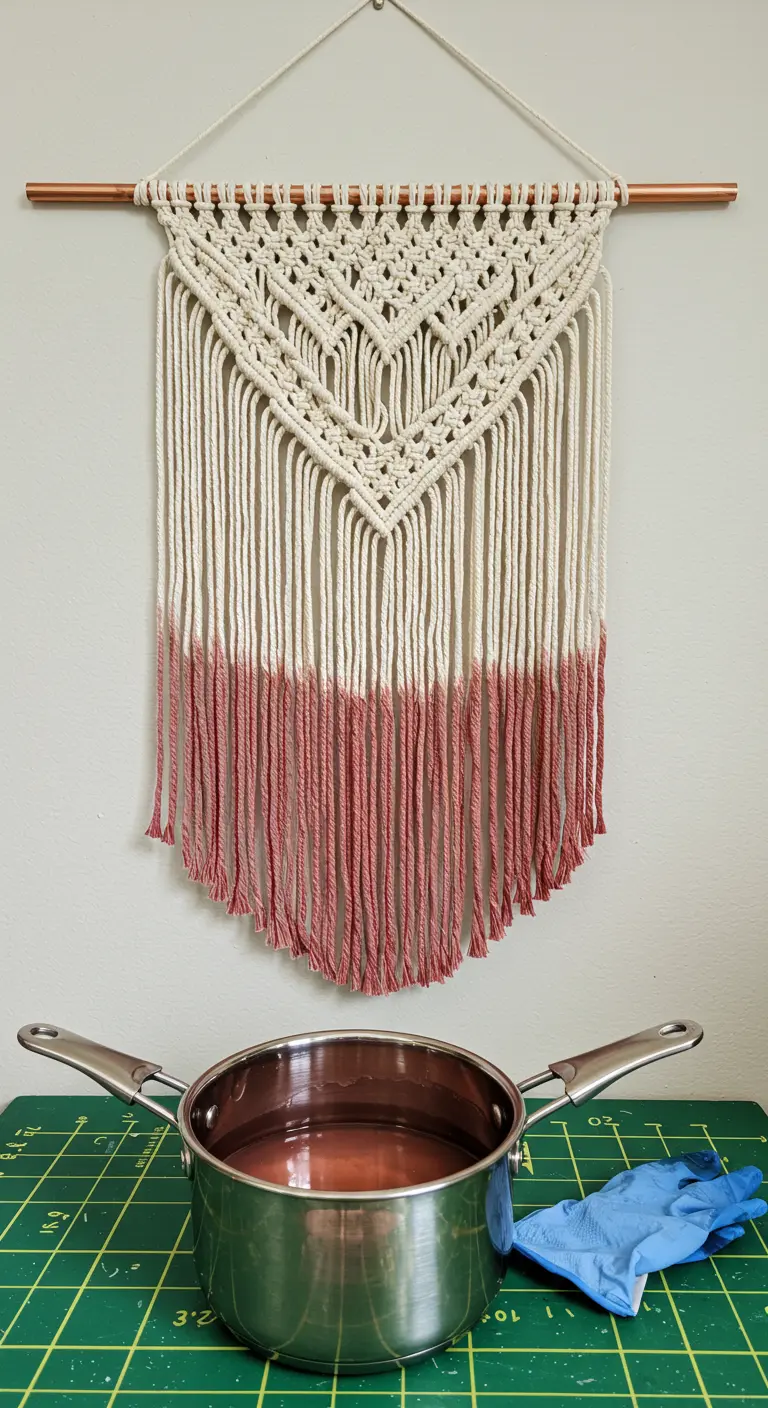 Tapiz de macramé con la parte inferior teñida en un degradado de rosa