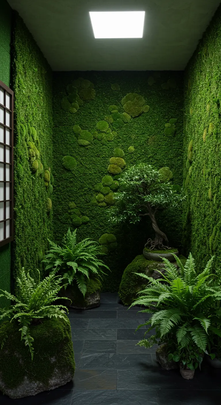 Rincón interior con paredes cubiertas de musgo, helechos y un bonsái sobre una roca.